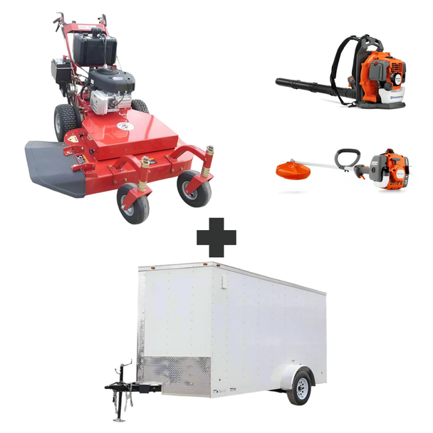 Bradley 36" walk-behind mower bundle with Husqvarna 150BT 50cc backpack blower and 122L 22cc straight shaft string trimmer.