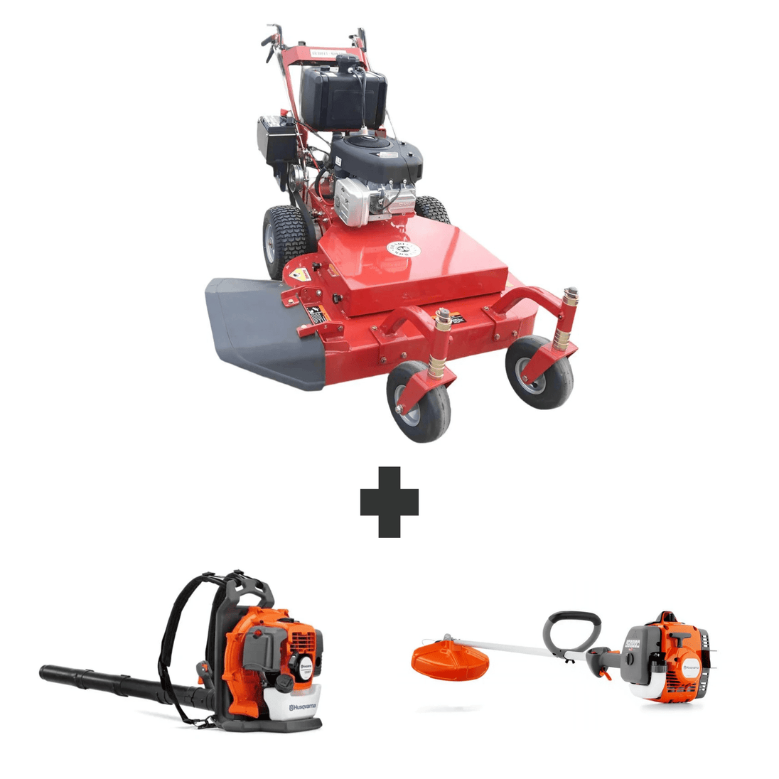 Bradley 36" belt drive walk-behind mower bundle with Husqvarna 150BT backpack blower and 122L 22cc straight shaft string trimmer.