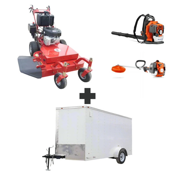 Bradley 36" stand-on mower bundle with Husqvarna 150BT blower, 122L trimmer, and 6x12 enclosed trailer for transporting lawn equipment.