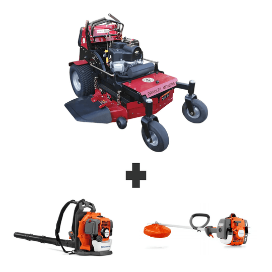Bradley 36" stand-on mower bundle with Husqvarna 150BT 50cc backpack blower and 122L 22cc straight shaft string trimmer.