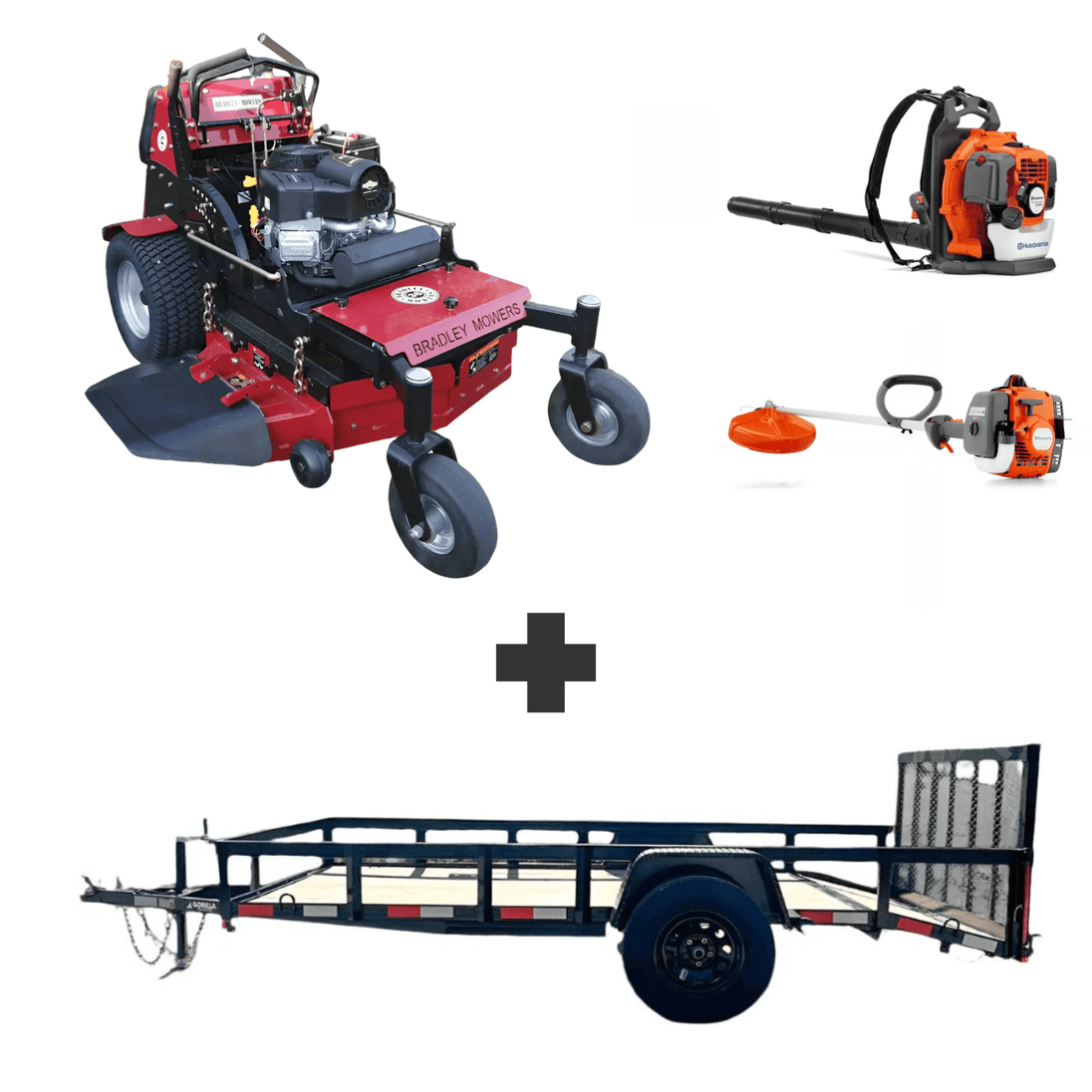 Bradley 36" stand-on mower bundle with Husqvarna 150BT blower, 122L trimmer, and 5x10 dovetail utility trailer with 3,500 lb axle.
