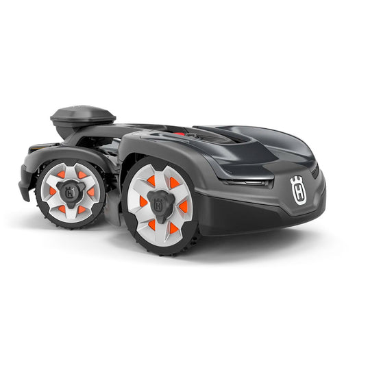AWD robotic mower with EPOS™ wire-free boundaries. App controlled with powerful traction, quiet battery operation, adjustable cutting height, and auto charging.