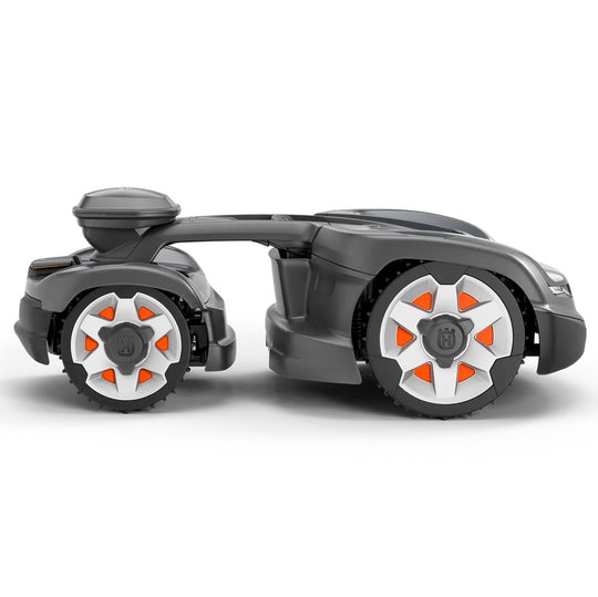 AWD robotic mower with EPOS™ wire-free boundaries. App controlled with powerful traction, quiet battery operation, adjustable cutting height, and auto charging.