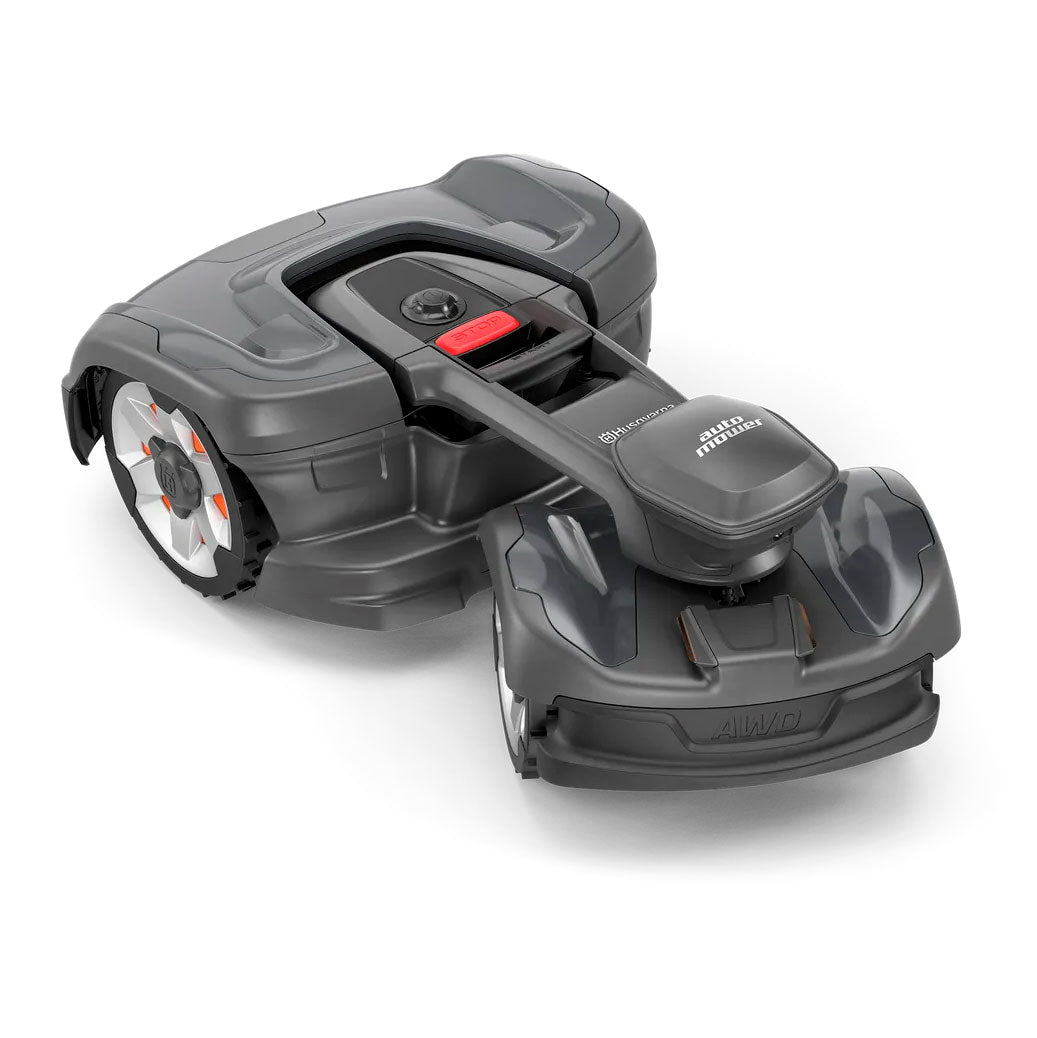 AWD robotic mower with EPOS™ wire-free boundaries. App controlled with powerful traction, quiet battery operation, adjustable cutting height, and auto charging.