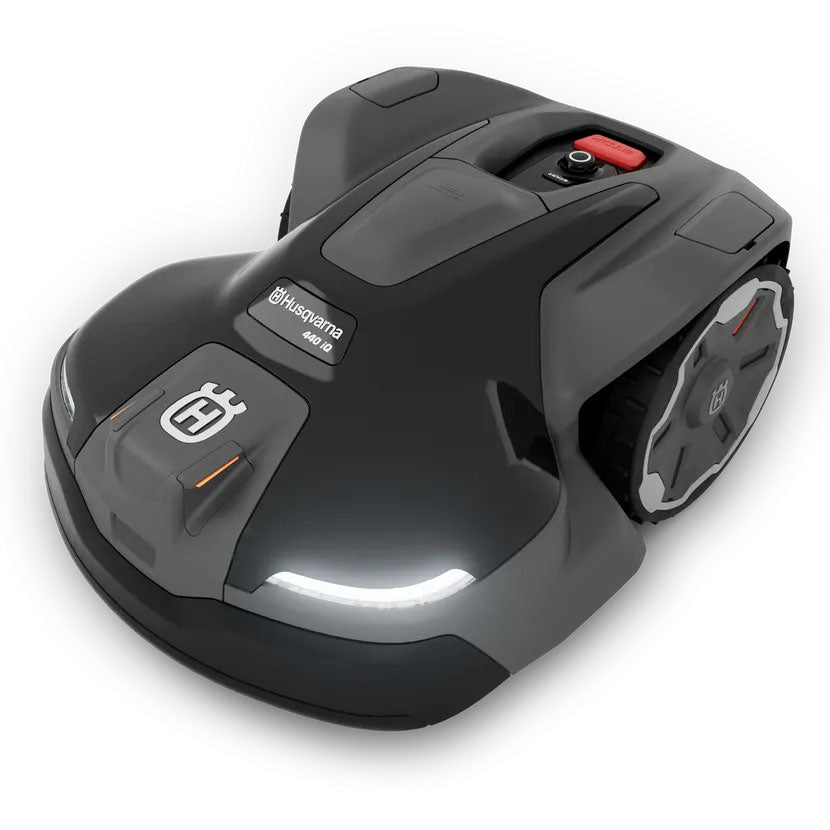 Robotic mower with EPOS™ wire-free boundaries. App controlled with quiet battery operation, adjustable cutting height, and automatic charging.