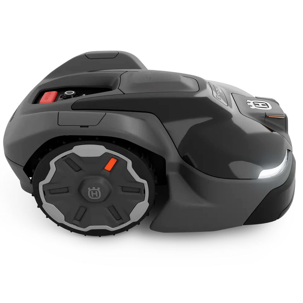Robotic mower with EPOS™ wire-free boundaries. App controlled with quiet battery operation, adjustable cutting height, and automatic charging.