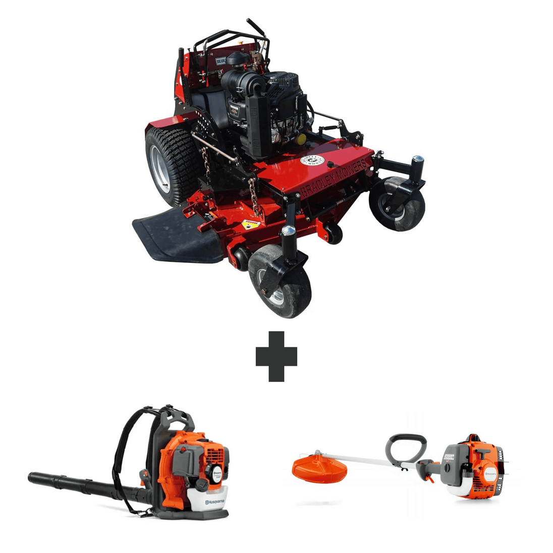 Bradley 48" stand-on mower with 26HP Vanguard engine, Husqvarna 150BT backpack blower, and 122L 22cc straight shaft string trimmer bundle.