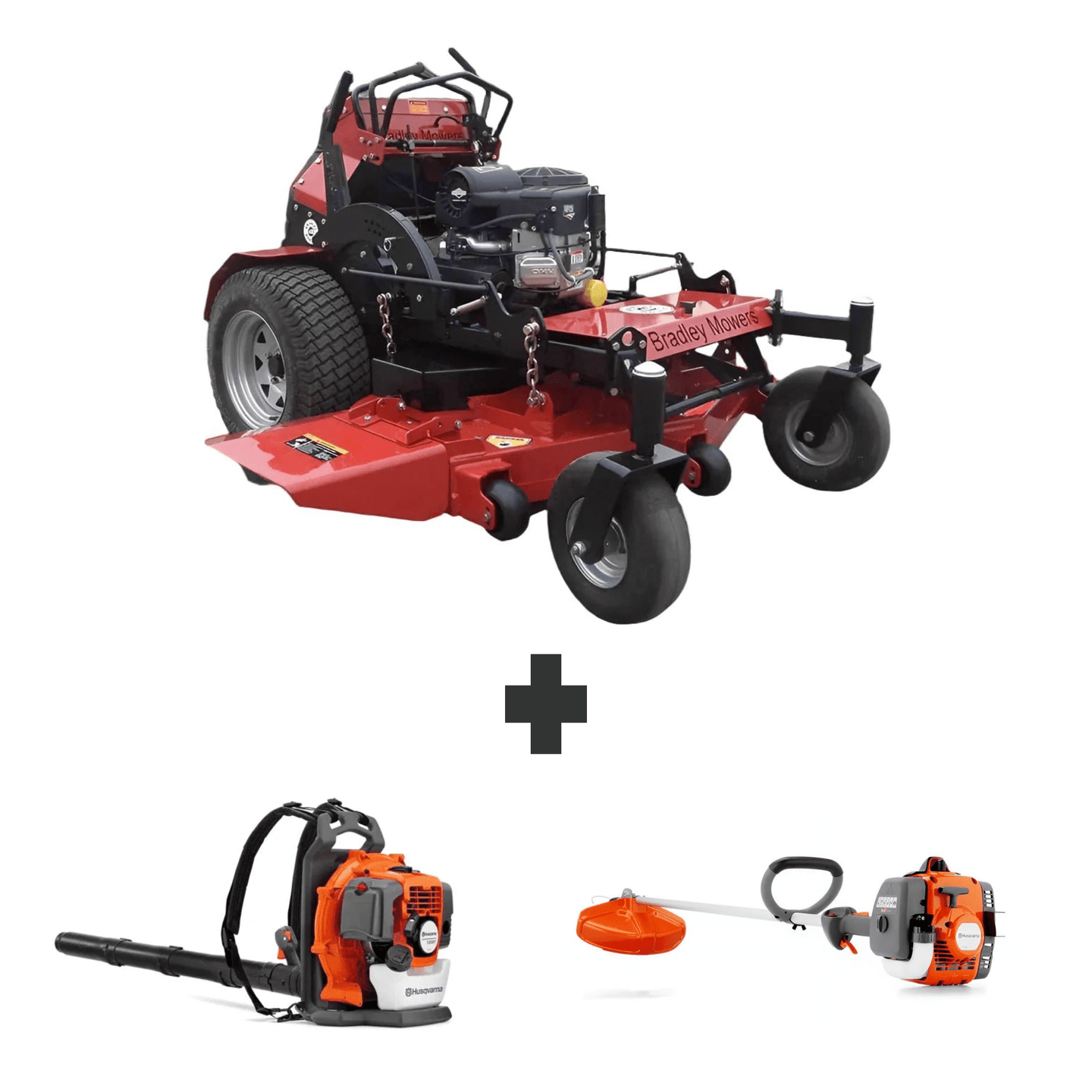 Bradley 48" stand-on mower with 25HP Briggs engine, Husqvarna 150BT backpack blower, and 122L 22cc straight shaft trimmer bundle.