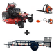 Bradley 48" stand-on mower bundle with Husqvarna 150BT blower, 122L trimmer, and 5x10 utility trailer with dovetail gate and 3,500 lb axle.