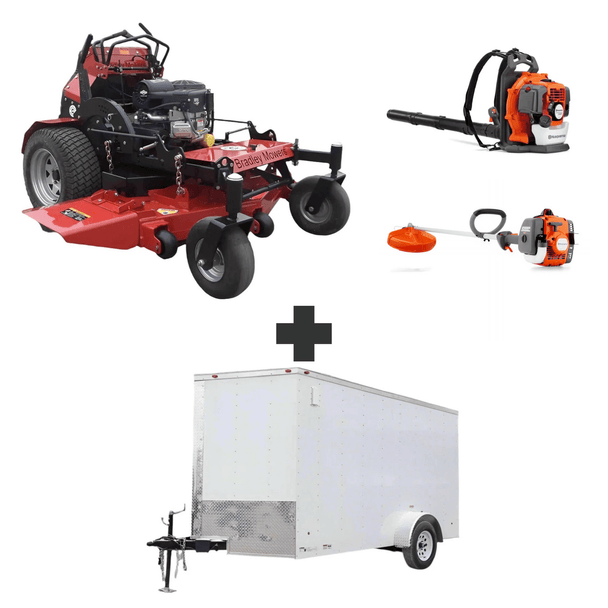 Bradley 52" stand-on mower bundle with Husqvarna 150BT blower, 122L trimmer, and 6x12 V-nose enclosed trailer with 3,500 lb axle.