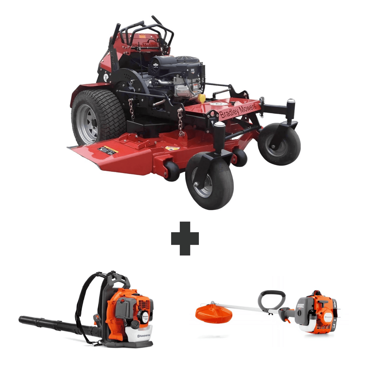 Bradley 52" stand-on mower with 26HP Vanguard engine, Husqvarna 150BT backpack blower, and 122L 22cc straight shaft trimmer bundle.
