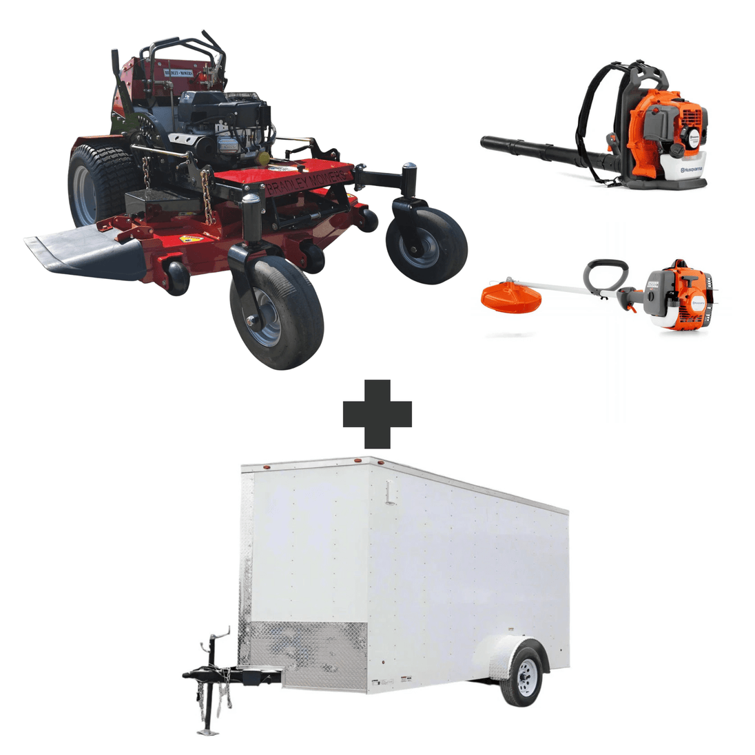 Bradley 52" stand-on mower bundle with Husqvarna 150BT blower, 122L trimmer, and 6x12 V-nose enclosed trailer with 3,500 lb axle.