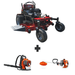 Bradley 52" stand-on mower with 27HP Briggs engine, Husqvarna 150BT backpack blower, and 122L 22cc straight shaft trimmer bundle.
