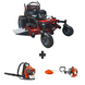 Bradley 52" stand-on mower with 27HP Briggs engine, Husqvarna 150BT backpack blower, and 122L 22cc straight shaft trimmer bundle.