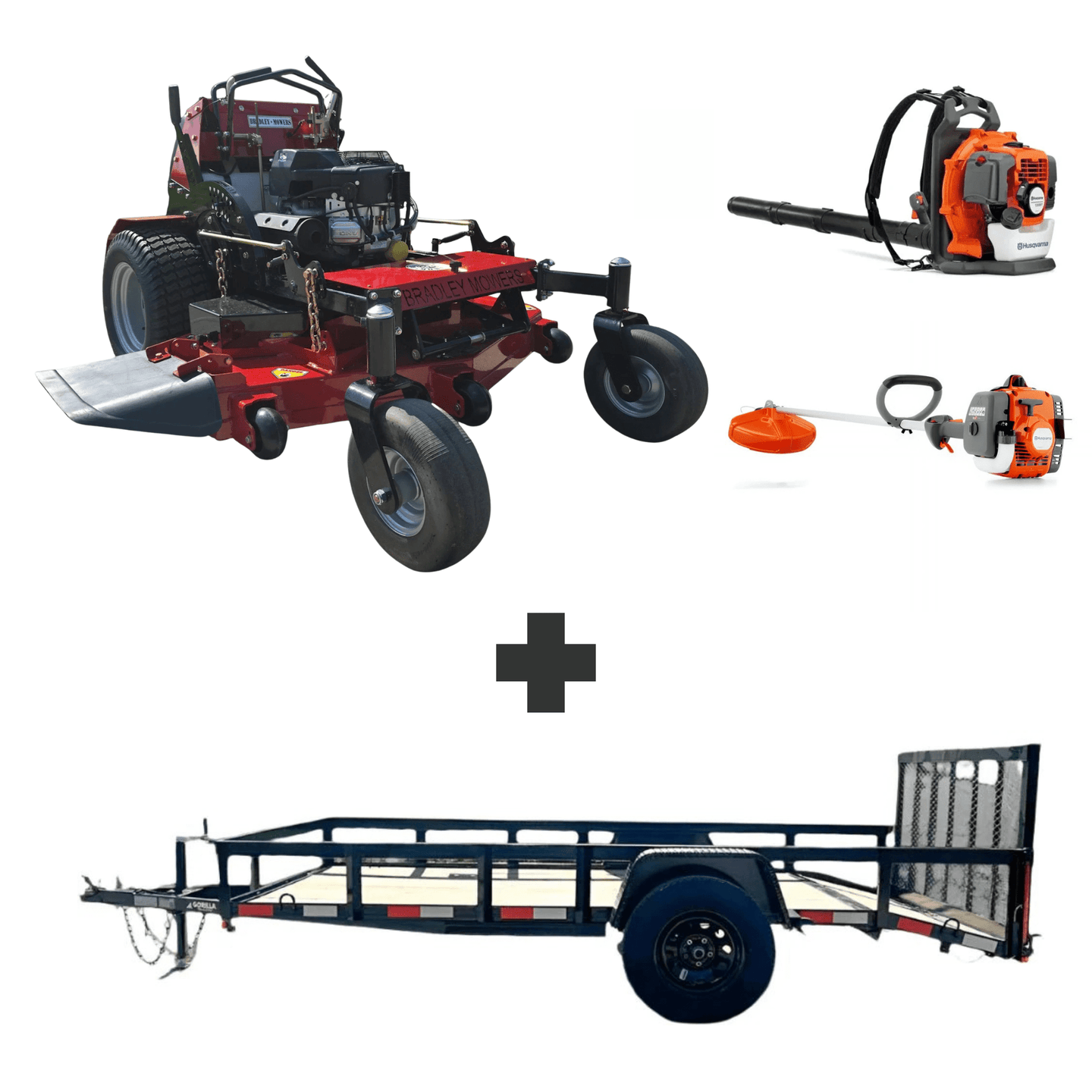 Bradley 52" stand-on mower bundle with Husqvarna 150BT blower, 122L trimmer, and 5x10 dovetail utility trailer with 3,500 lb axle.