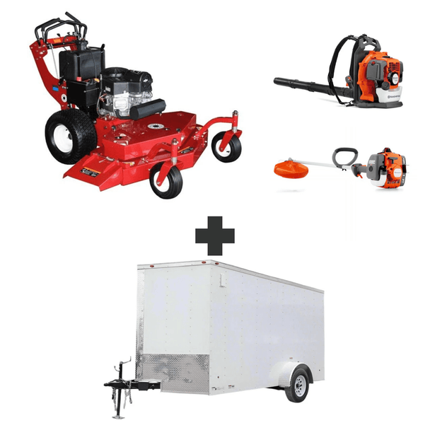 Bradley 52" walk-behind mower bundle with Husqvarna 150BT blower, 122L trimmer, and 6x12 V-nose enclosed trailer.
