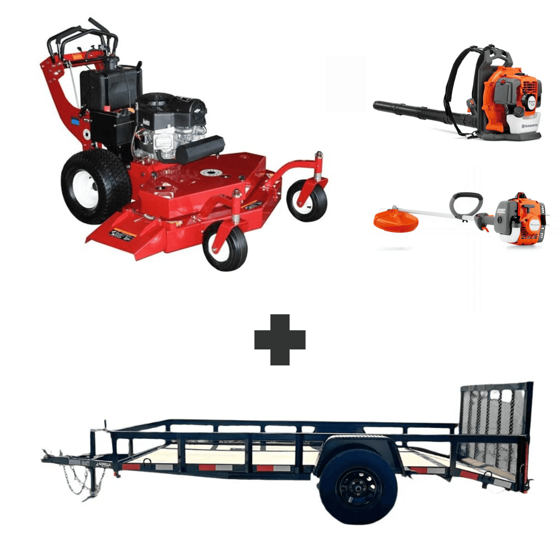 Bradley 52" walk-behind mower bundle with Husqvarna 150BT blower, 122L trimmer, and 5x10 dovetail utility trailer with 3,500 lb axle.