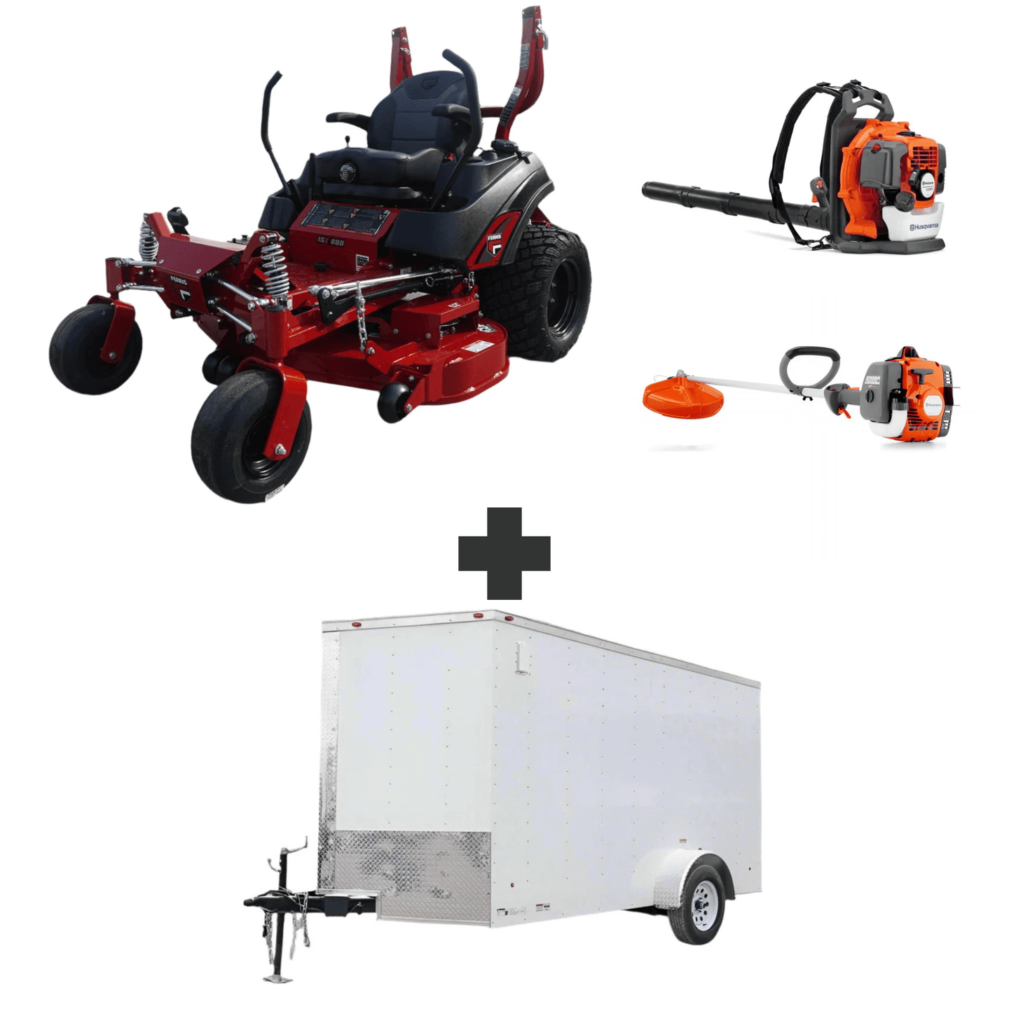 Ferris 52” ISX800 mower, Husqvarna 150BT blower, 122L trimmer, and 6x12 V-nose enclosed trailer with ramp door—complete lawn care and transport package.