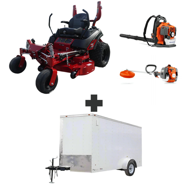 Ferris 52” ISX800 mower, Husqvarna 150BT blower, 122L trimmer, and 6x12 V-nose enclosed trailer with ramp door—complete lawn care and transport package.