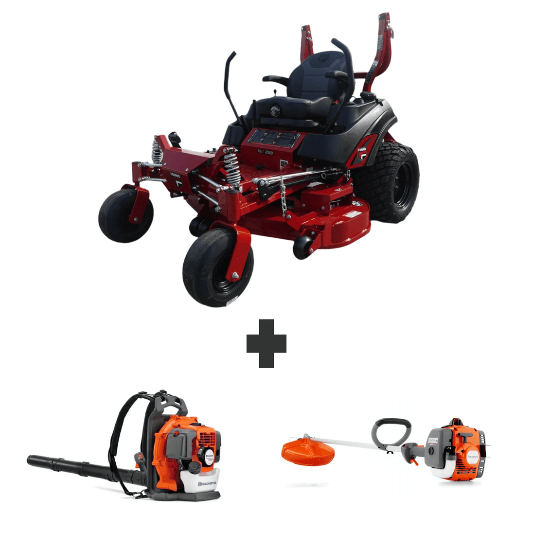 Ferris 52” ISX800 24HP zero-turn mower with Husqvarna 150BT 50cc backpack blower and 122L 22cc straight-shaft string trimmer—powerful, complete lawn care package.