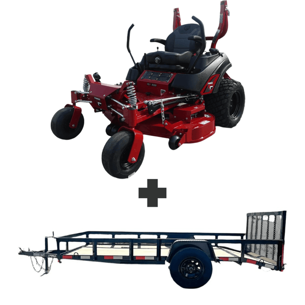 Ferris ISX800 52" 24HP Kawasaki zero turn with 6.4x12 dovetail trailer. Commercial power, smooth ride, heavy-duty build, and ready-to-work hauling setup.