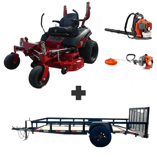 Ferris ISX800 52” 24HP Kawasaki mower with Husqvarna 150BT blower, 122L trimmer, and 6.4x12 dovetail trailer. Complete lawn care setup.