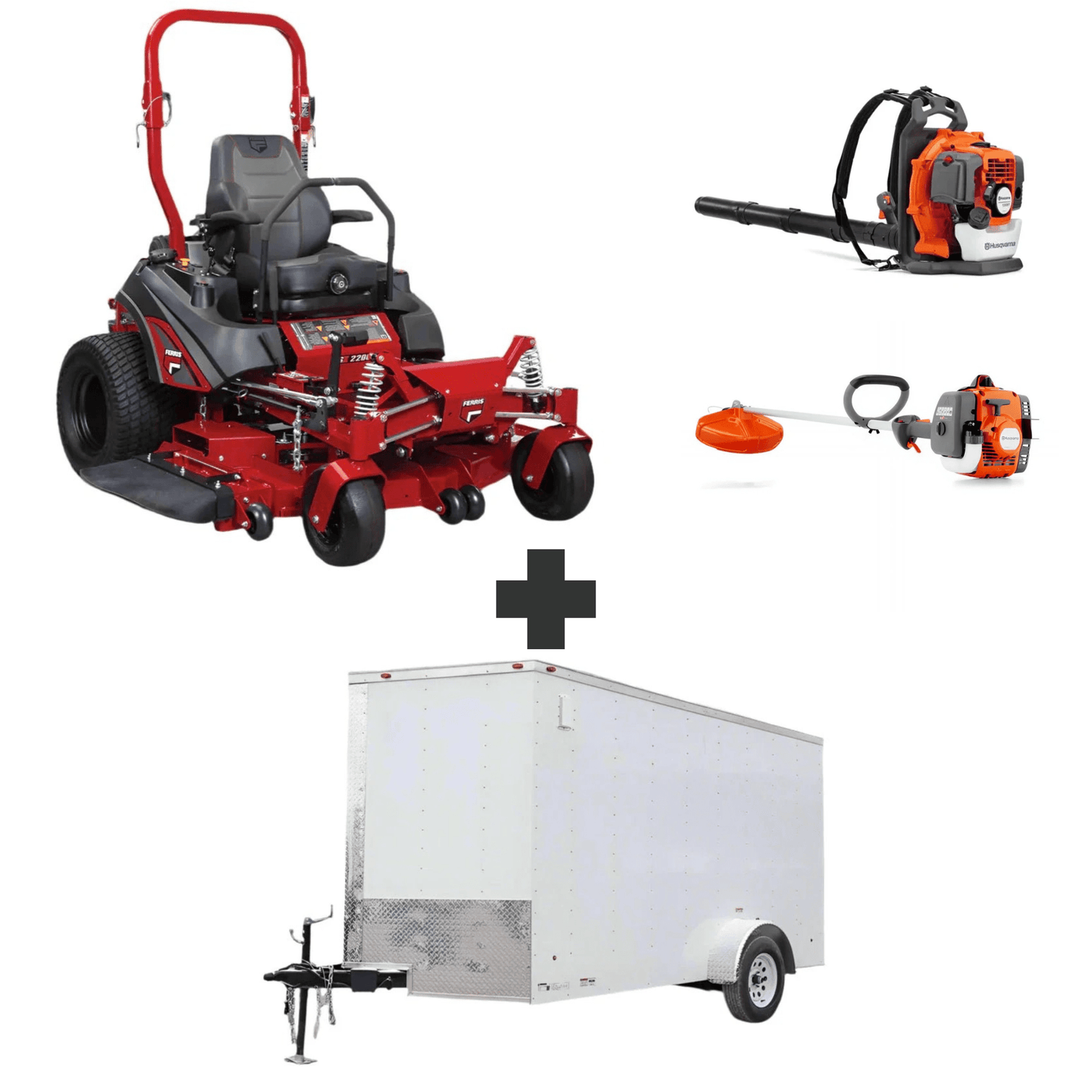 Ferris 52" ISX 2200 mower 30.5HP Kawasaki, Husqvarna 150BT blower, 122L trimmer, and 6x12 V-nose enclosed trailer with ramp, side door, and 3,500-lb axle.