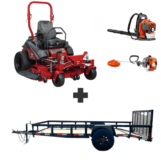 Ferris 52" ISX 2200 mower 30.5HP Kawasaki, Husqvarna 150BT blower, 122L trimmer, and 5x10 utility trailer with gate and 3,500-lb axle for transport and lawn care.