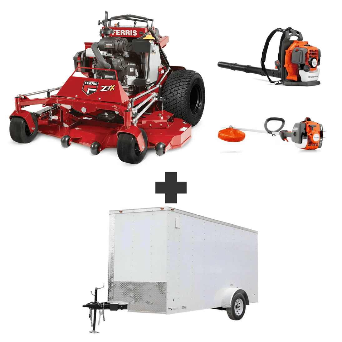 Ferris 52" SRS Z3X 37HP stand-on mower, Husqvarna 150BT blower, 122L trimmer, and 6x12 V-nose enclosed trailer with ramp, side door, and 3,500 lb axle.