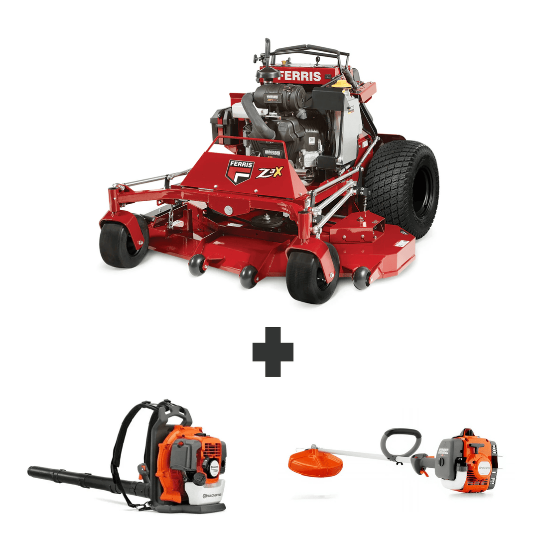 Ferris 52" SRS Z3X stand-on mower 37HP Vanguard, Husqvarna 150BT 50cc blower, and 122L 22cc string trimmer for powerful mowing, blowing, and trimming.