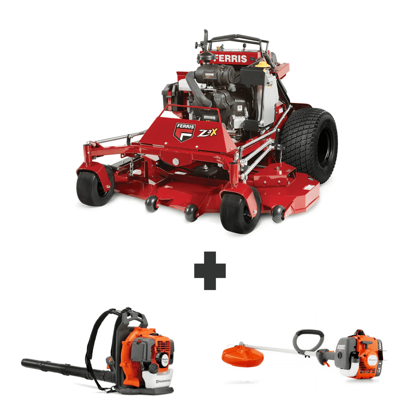 Ferris 52" SRS Z3X stand-on mower 37HP Vanguard, Husqvarna 150BT 50cc blower, and 122L 22cc string trimmer for powerful mowing, blowing, and trimming.