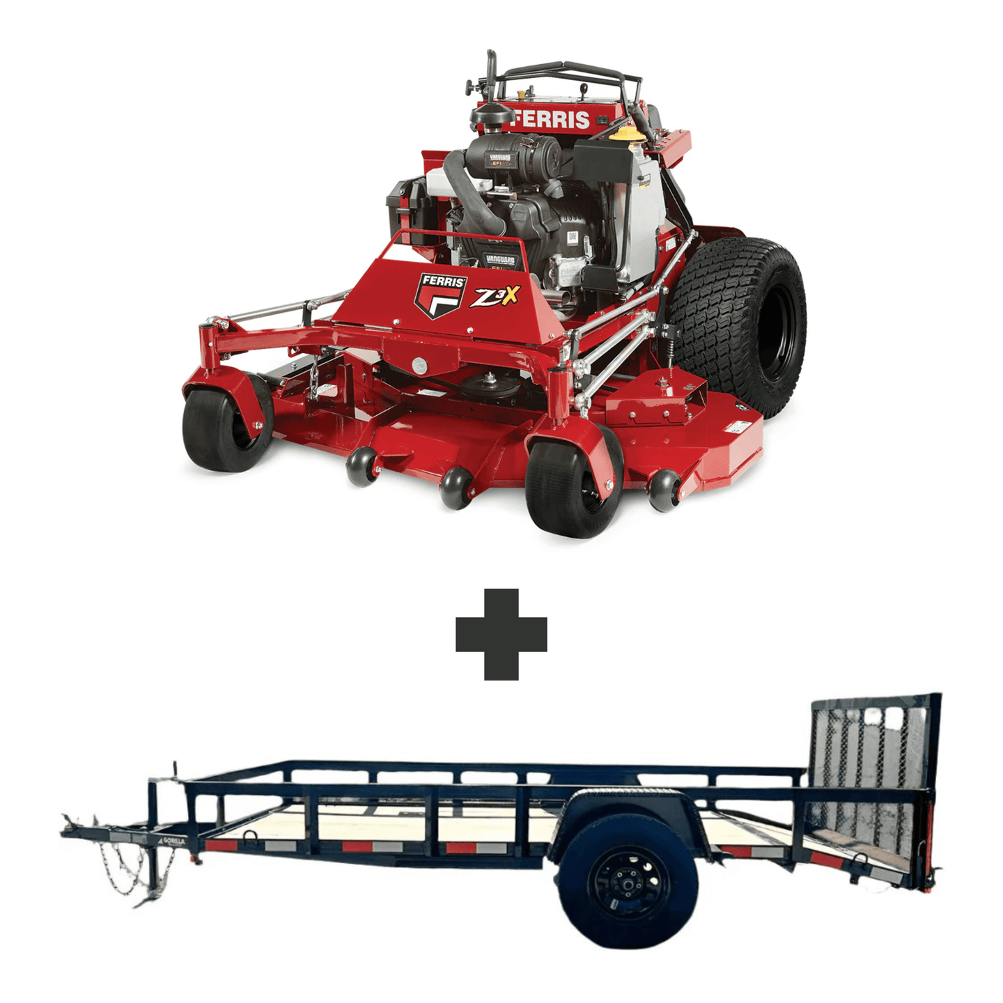 Ferris 52" SRS Z3X stand-on mower with 37HP Vanguard engine and 5x10 utility trailer with dovetail gate, LED lights, and 3,500 lb axle for easy transport.