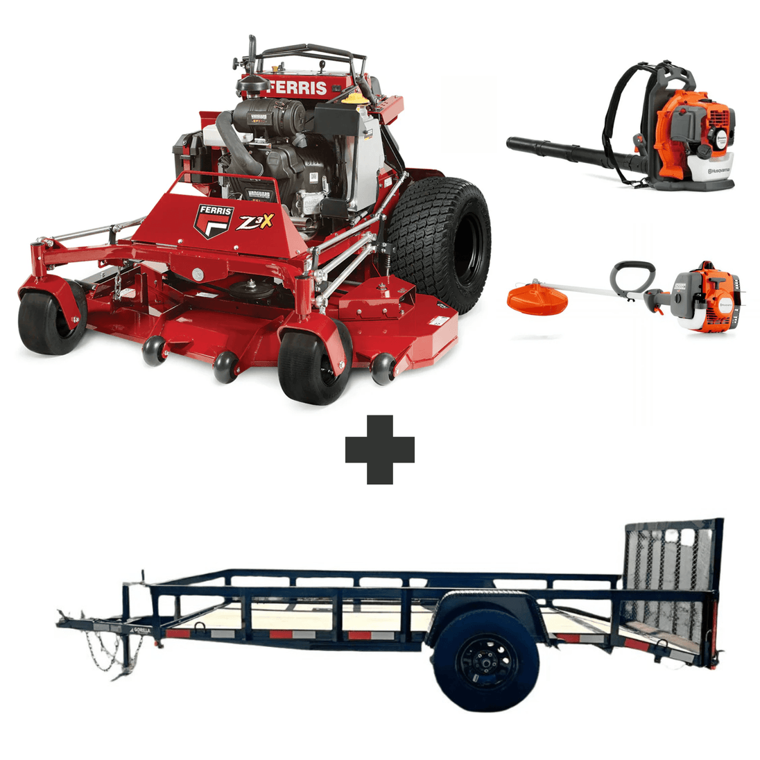 Ferris 52" SRS Z3X 37HP stand-on mower, Husqvarna 150BT blower, 122L trimmer, and 5x10 utility trailer with gate and 3,500 lb axle for transport.