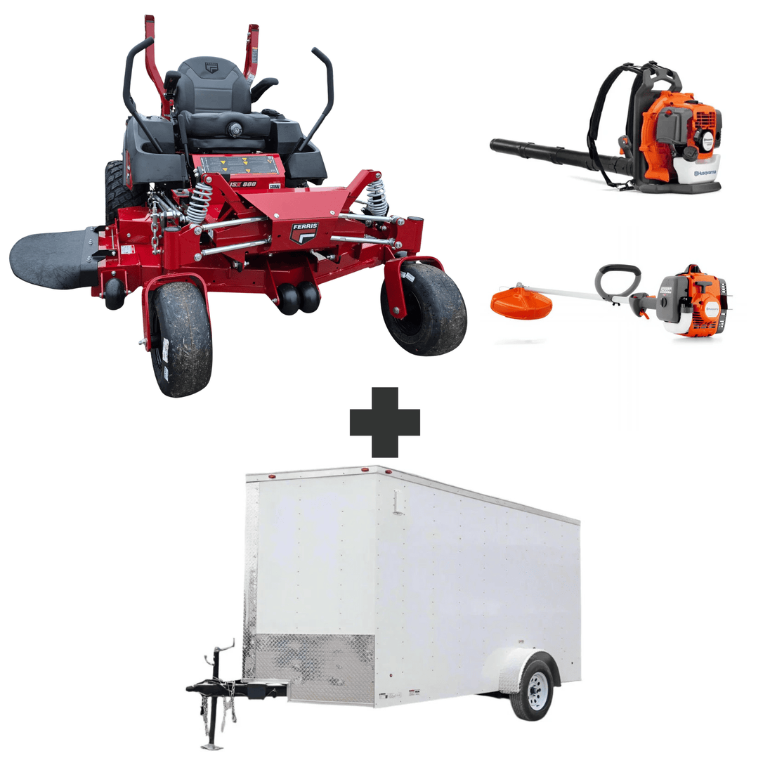 Ferris ISX800 60" zero turn mower bundle with Husqvarna 150BT blower, 122L trimmer, and 6x12 V-nose enclosed trailer.