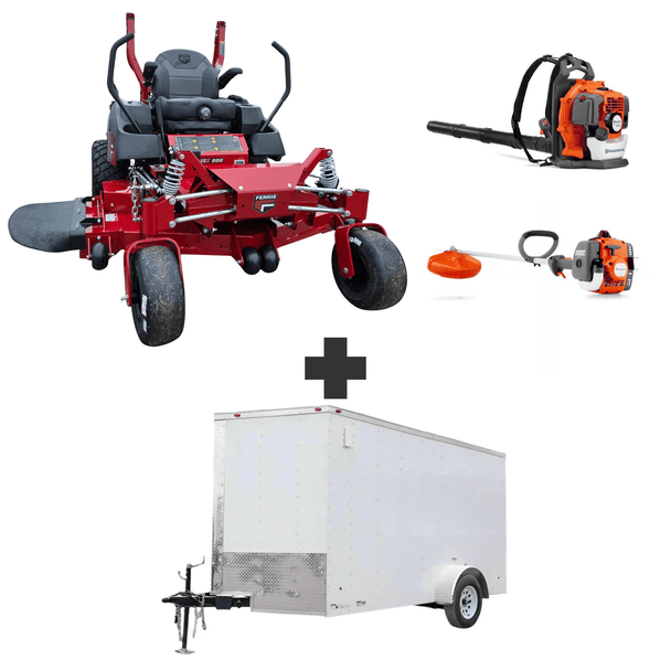 Ferris ISX800 60" zero turn mower bundle with Husqvarna 150BT blower, 122L trimmer, and 6x12 V-nose enclosed trailer.