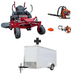 Ferris ISX800 60" zero turn mower bundle with Husqvarna 150BT blower, 122L trimmer, and 6x12 V-nose enclosed trailer.