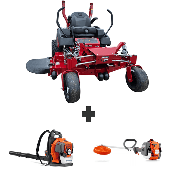 Ferris ISX800 60" zero turn mower bundle with Husqvarna 150BT backpack blower and 122L straight shaft string trimmer.
