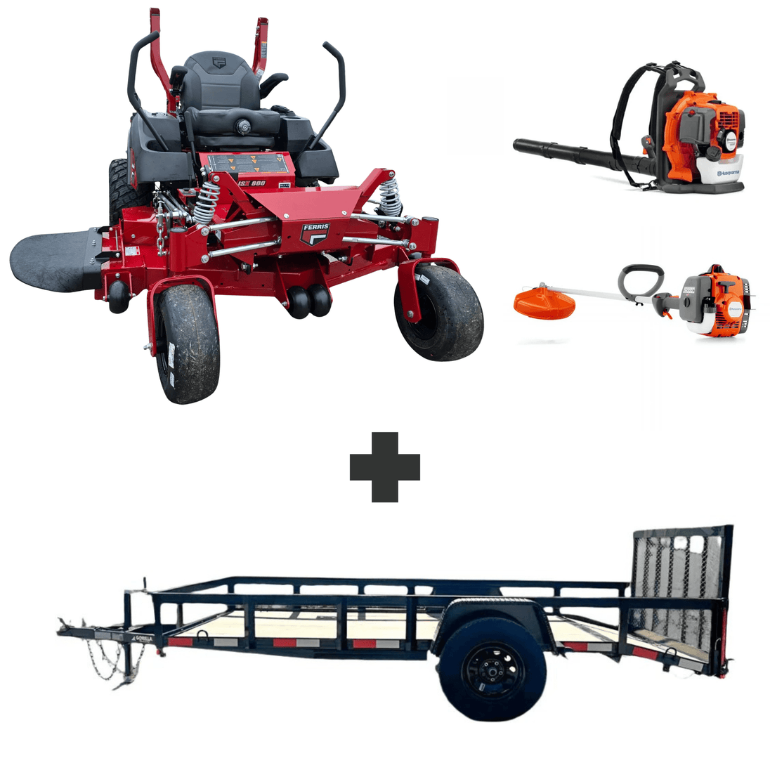 Ferris ISX800 60" zero turn mower bundle with Husqvarna 150BT blower, 122L trimmer, and 5x10 dovetail utility trailer.