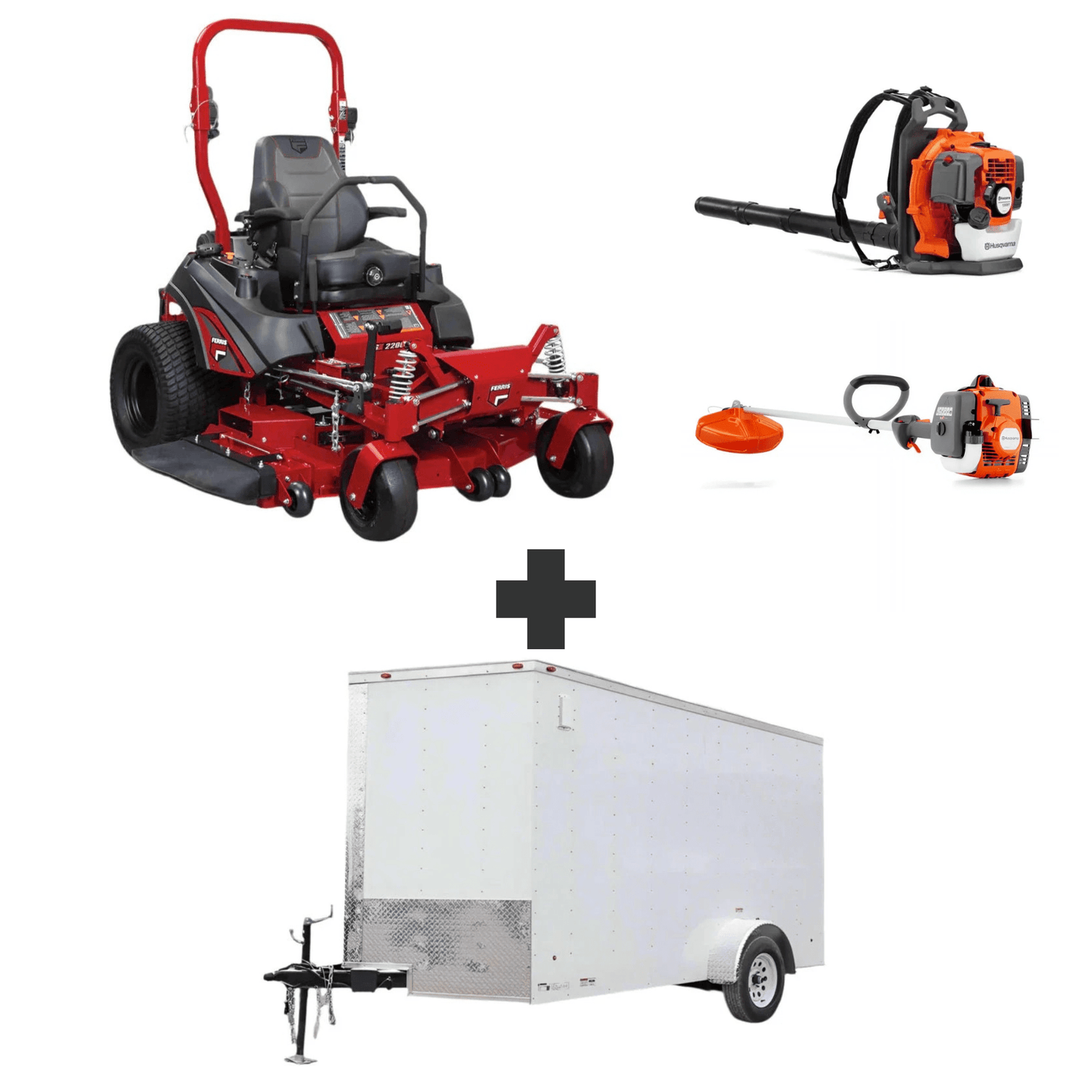 Commercial landscaping bundle with Ferris ISX 2200 60" zero-turn mower, Husqvarna 150BT blower, 122L trimmer, and 7x12 enclosed trailer.