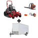 Commercial landscaping bundle with Ferris ISX 2200 60" zero-turn mower, Husqvarna 150BT blower, 122L trimmer, and 7x12 enclosed trailer.