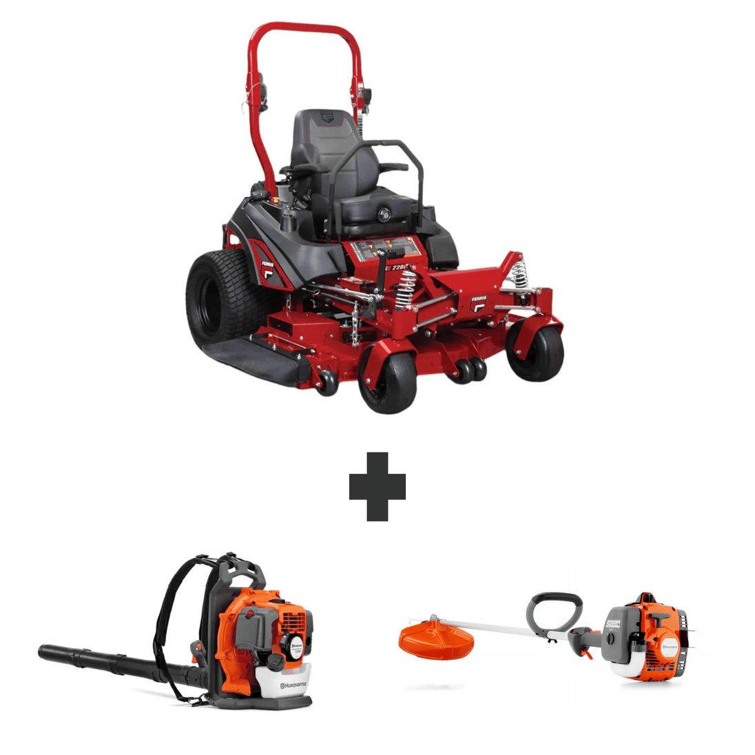 Commercial landscaping bundle with Ferris ISX 2200 60" zero-turn mower, Husqvarna 150BT backpack blower, and 122L gas string trimmer.