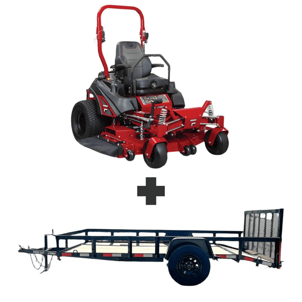 Commercial package with Ferris ISX 2200 60" zero-turn mower and 6.4x12 powder-coated utility trailer with dovetail gate and 3,500 lb axle.