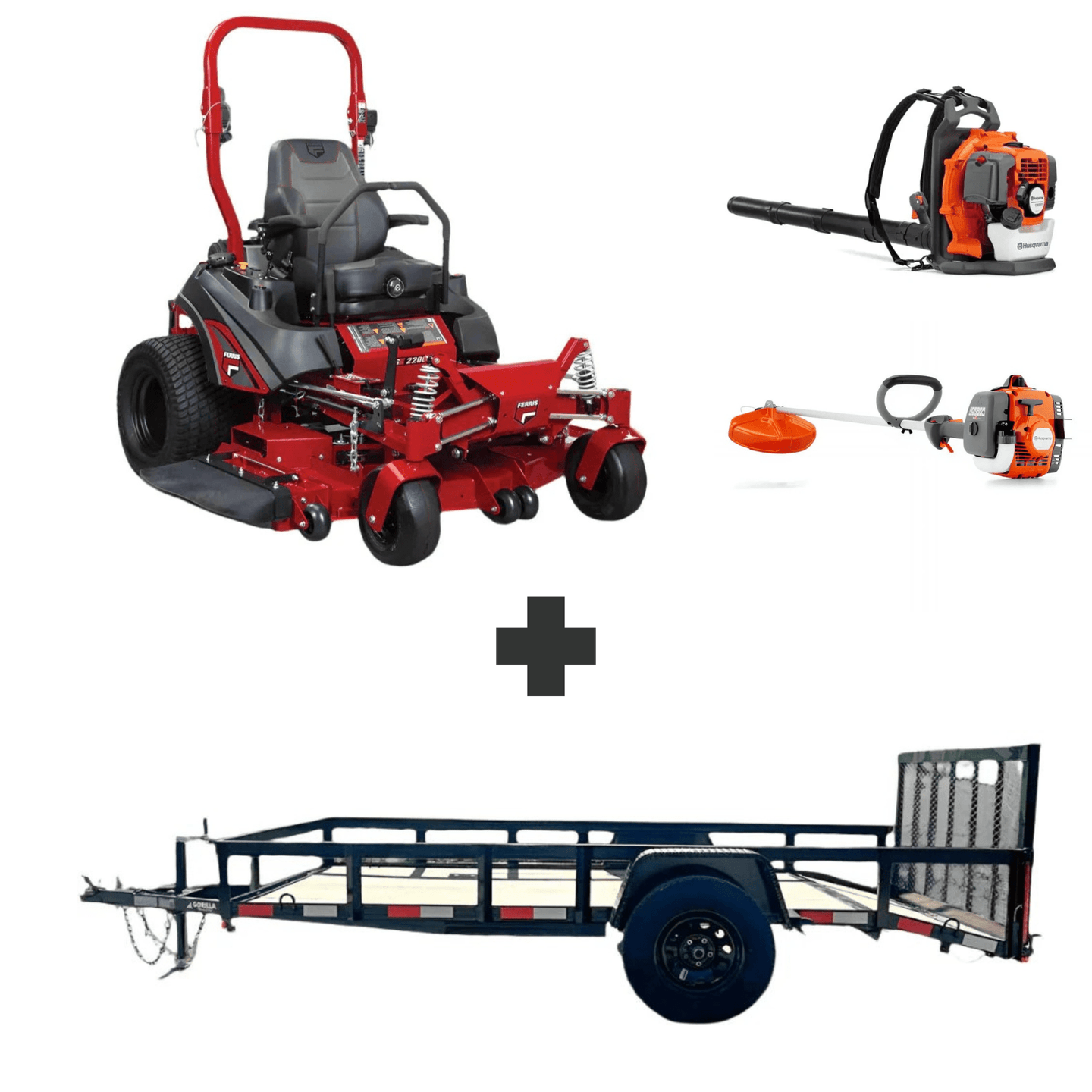 Commercial landscaping bundle with Ferris ISX 2200 60" zero-turn mower, Husqvarna 150BT blower, 122L trimmer, and 6.4x12 utility trailer.