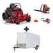 Ferris 300S 52″ zero-turn mower with Husqvarna blower, trimmer, and 6x12 enclosed trailer with ramp and side door for a complete landscaping package.