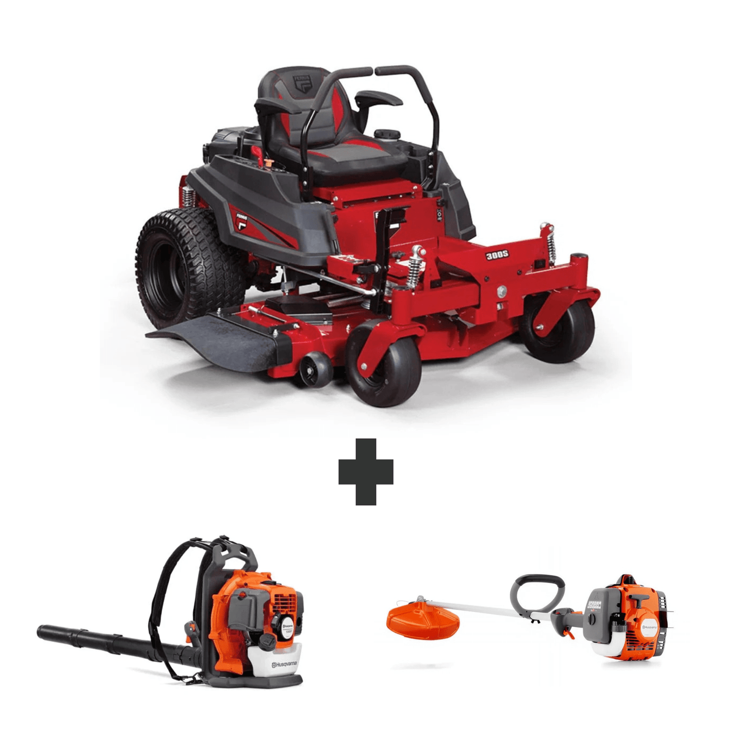 Ferris 300S 52″ zero-turn mower with Kawasaki engine, Husqvarna 150BT backpack blower, and 122L string trimmer — a complete lawn care equipment package.