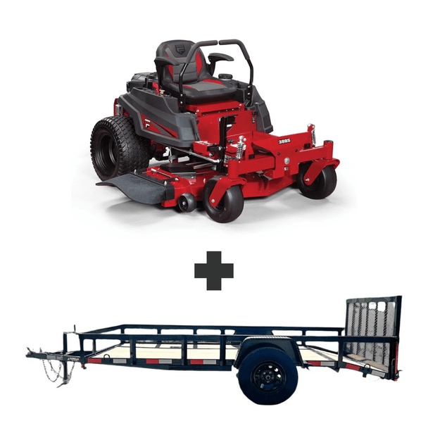 Ferris 300S 52″ zero-turn mower with 21.5HP Kawasaki engine and suspension, paired with a heavy-duty 5x10 utility trailer with loading gate for easy transport.