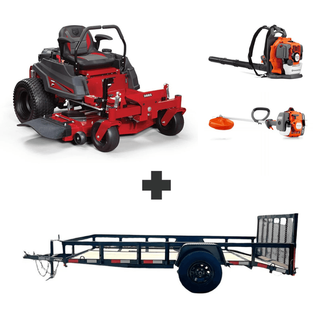 Ferris 300S 52″ zero-turn mower with Husqvarna blower, trimmer, and heavy-duty 5x10 utility trailer with loading gate for a complete landscaping setup.