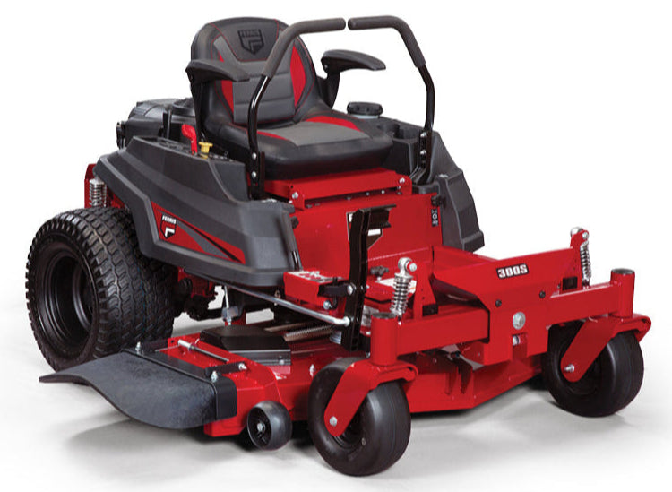 A red Ferris zero-turn mower with a 52-inch deck and a black seat, featuring large caster wheels and drive tires.