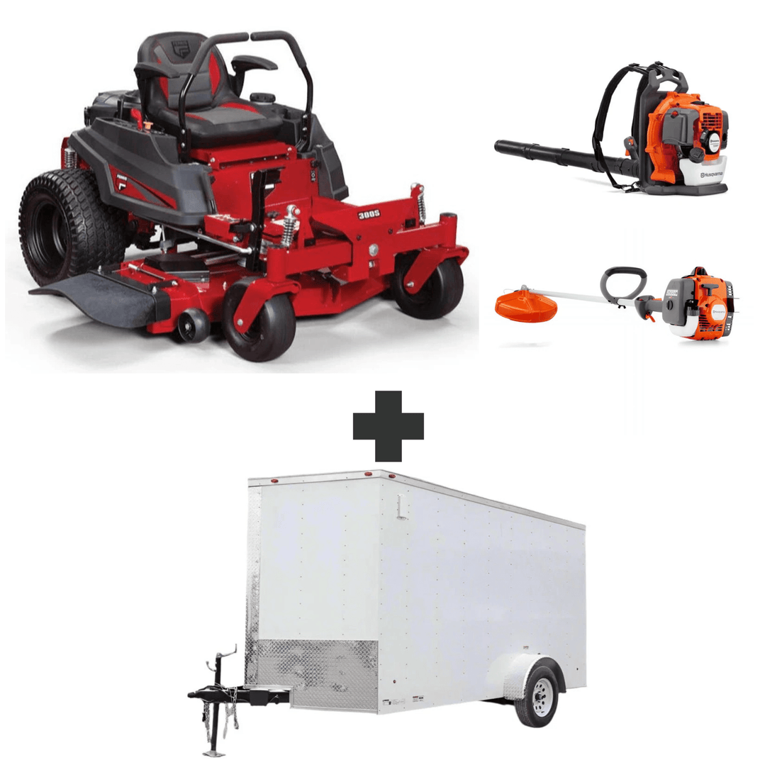 Ferris 300S 52″ zero-turn mower with 25HP Briggs & Stratton engine, Husqvarna 150BT blower, 122L trimmer, and 6x12 V-nose enclosed trailer.