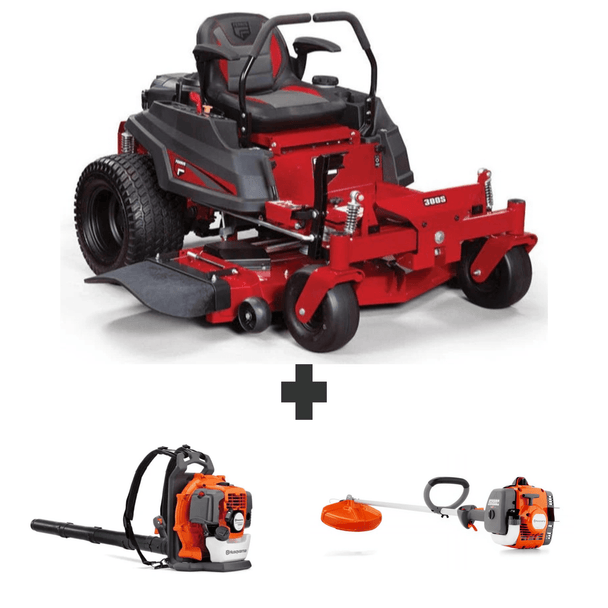 Ferris 300S 52″ zero-turn mower with 25HP Briggs & Stratton engine, Husqvarna 150BT backpack blower (765 CFM), and Husqvarna 122L gas string trimmer.